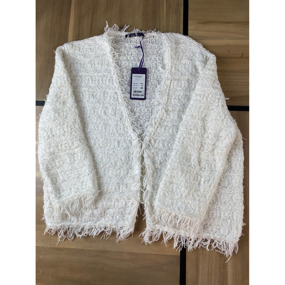 LAUREL White Textured Knit Fringe Cardigan Sweater Jacket Women's Size 14